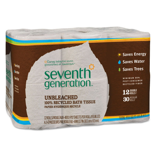 Seventh Generation Natural Unbleached 100% Recycled Bath Tissue, Septic Safe, 2-Ply, 400 Sheets/Mega Roll, 12/Pack - SEV13735PK
